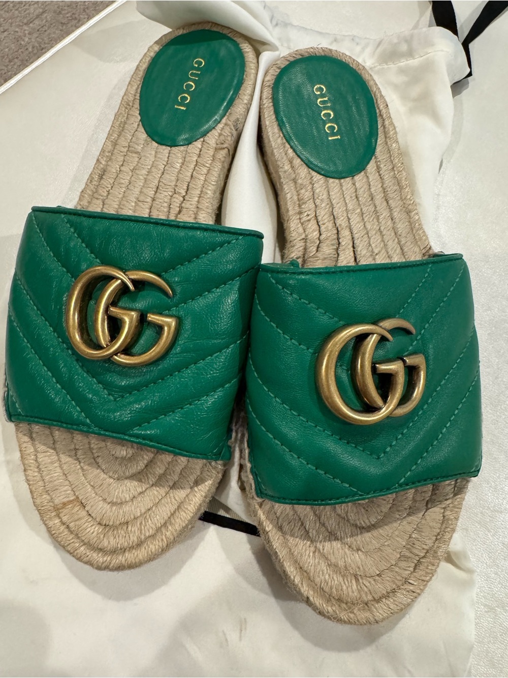 Gucci Green Quilted Leather GG Espadrille Slide Sandals